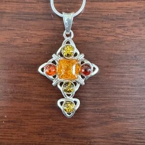 Silver Baltic Amber Cross Pendant Necklace - Honey, Green, and Red Amber